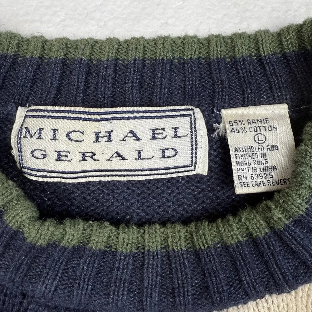 Vintage Michael Gerald Sweater Size‎ Large Geometric Grandpa Dad 90s Navy/Ivory
